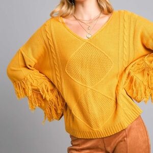 Umgee Mustard Fringed V-Neck Sweater